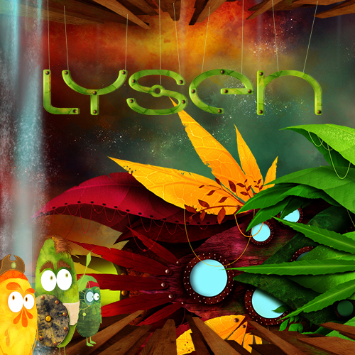 design de jeux, vaiseau plante et personnages avec logo lysen vert au center