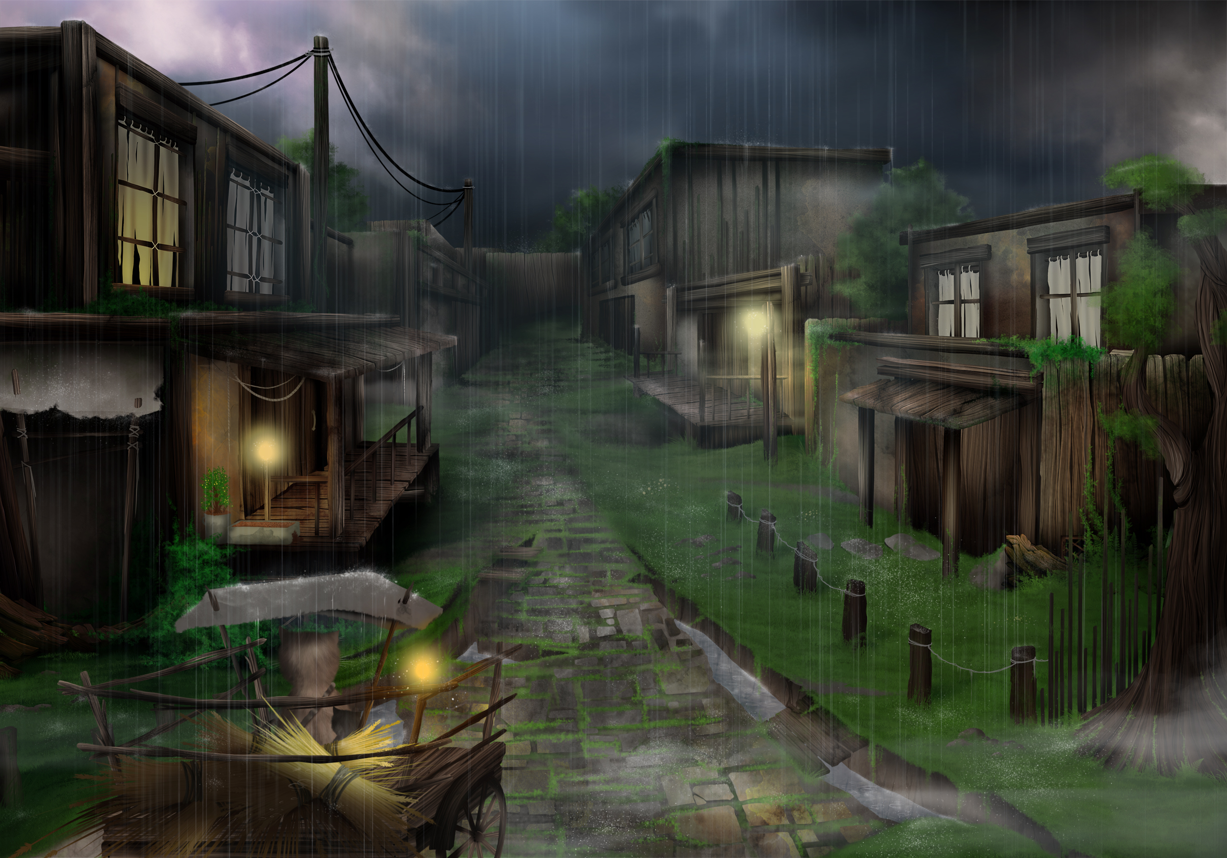 environment design : rue d'un village pluvieux, avec une cariolle qui éclaire le passage