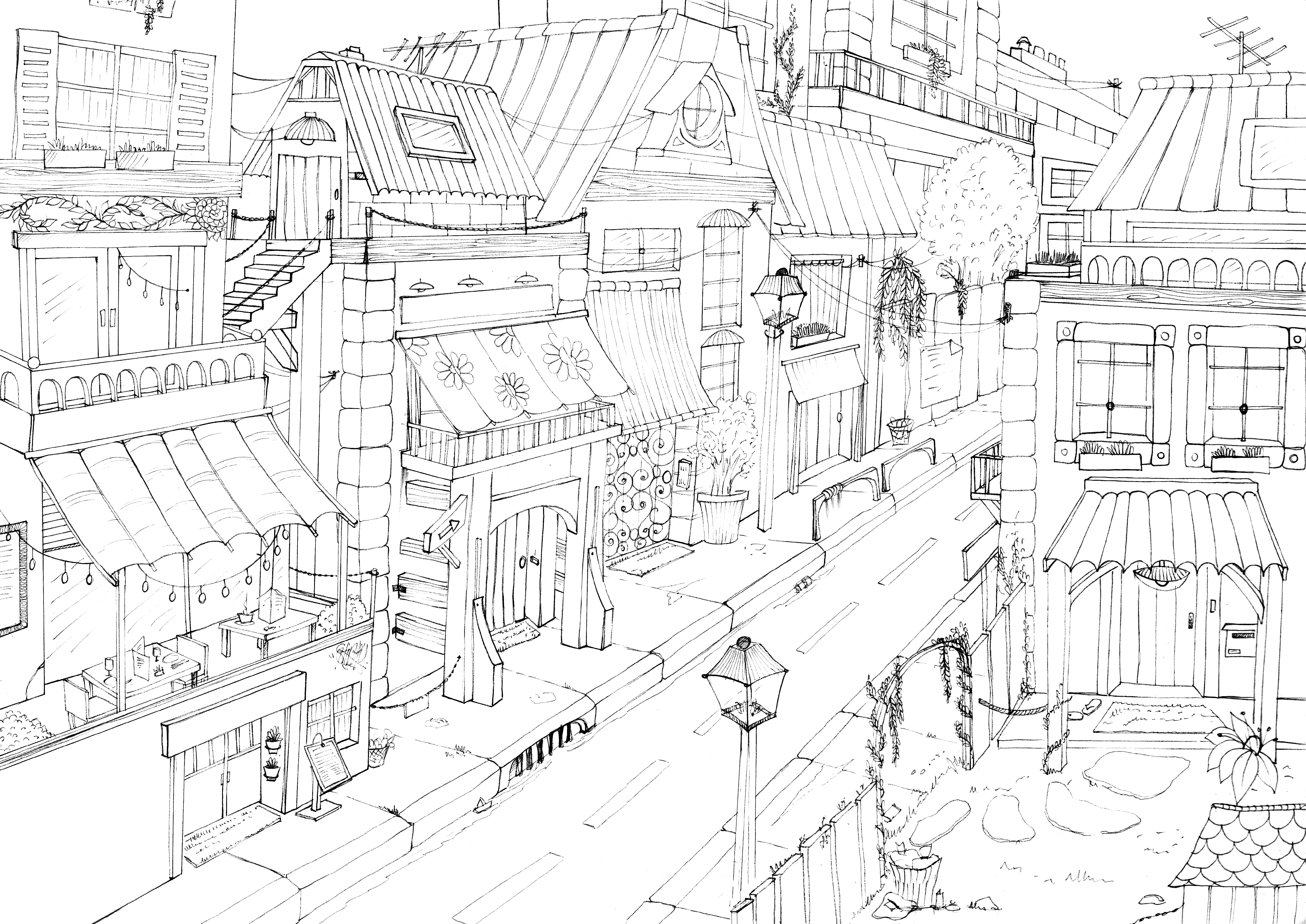 illustration, dessin rue d'une ville au stylo, noir& blanc