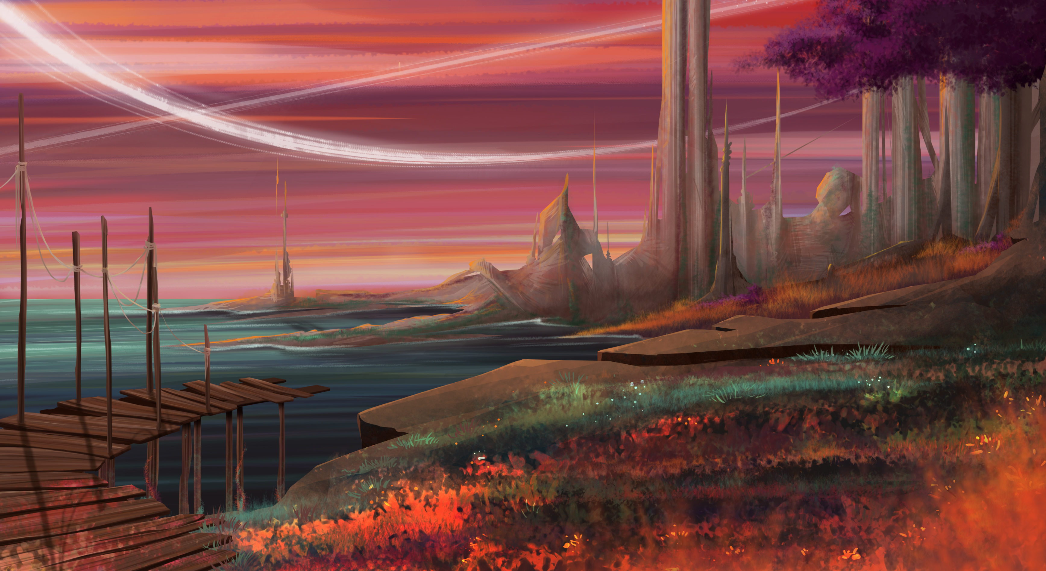 concept art, paysage ton de violet et de rose