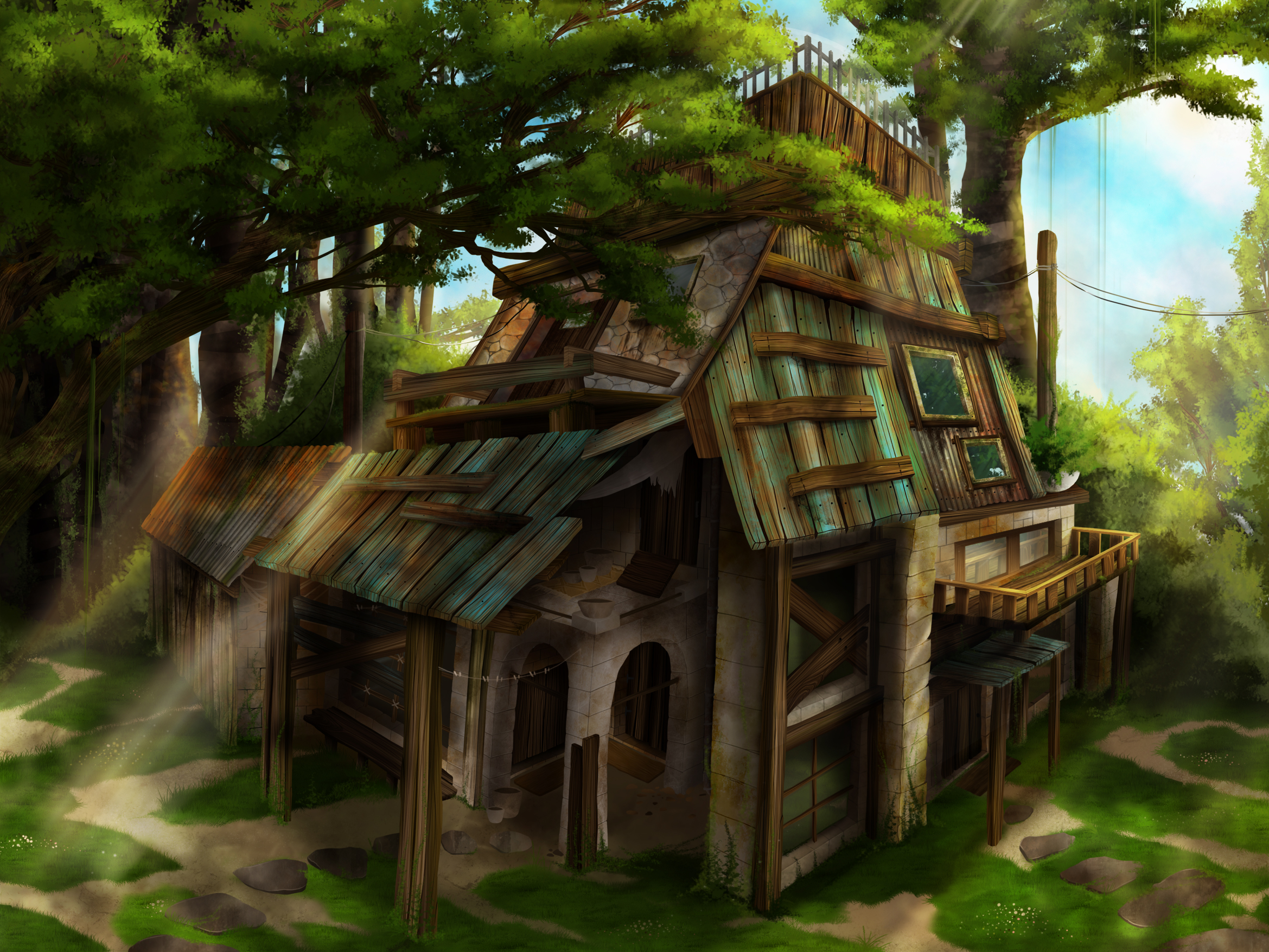 environment design, en foret avec une cabane, rayon de soleil
