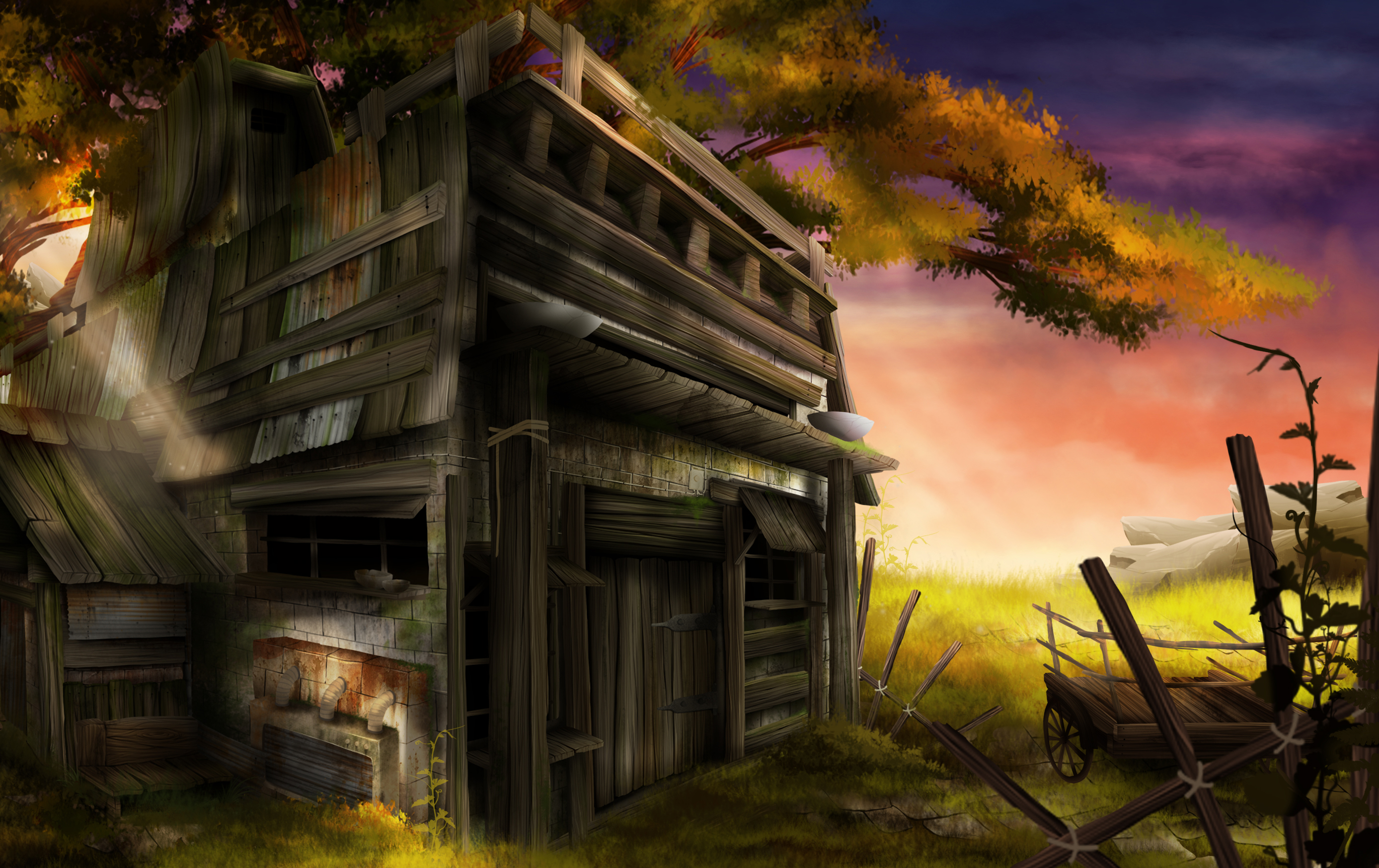 environment design, coucher de soleil, paysage de campagne avec une cabane et une charrue