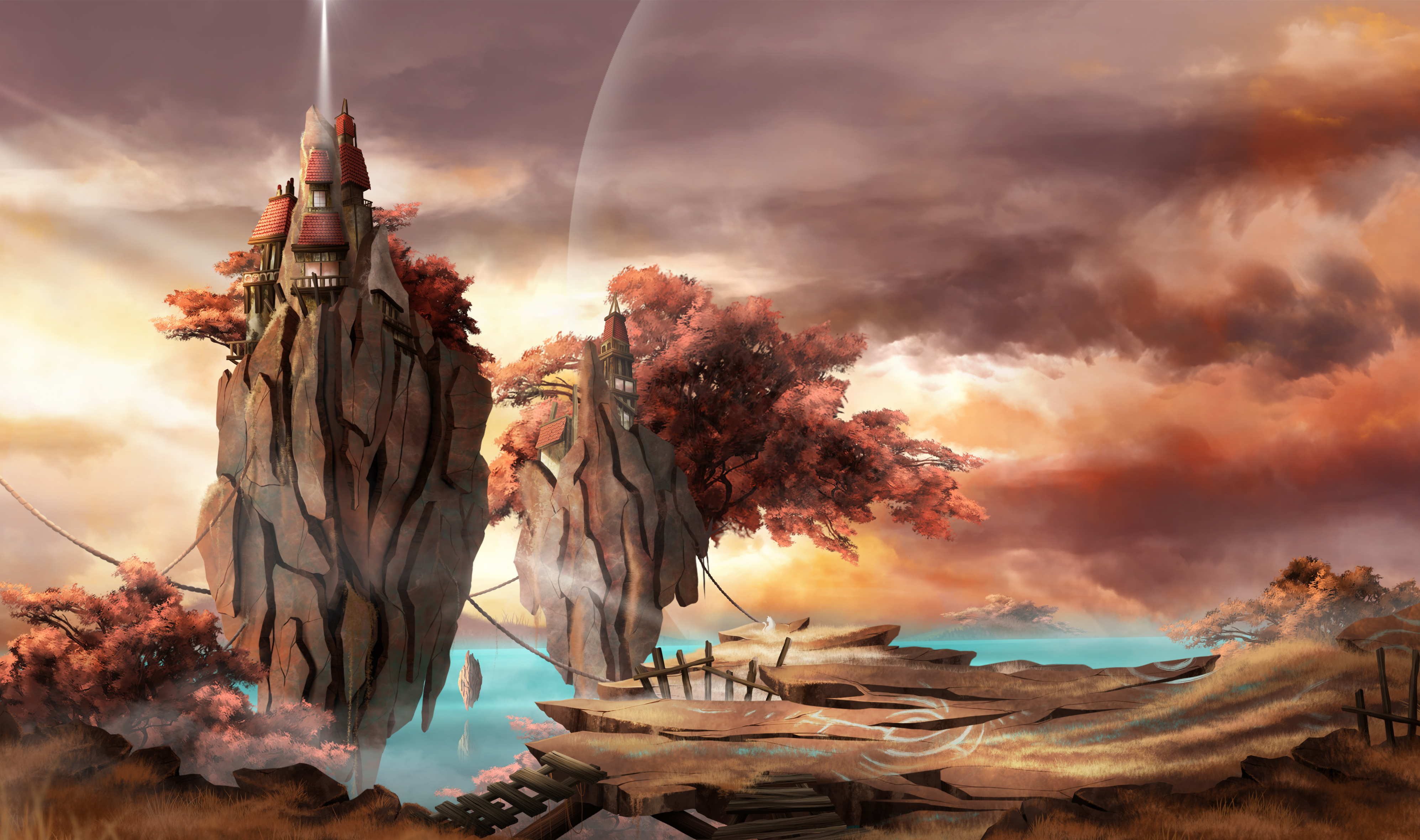 environment design, avec pierres flottantes et maisons, arbres rouge et couché de soleil.