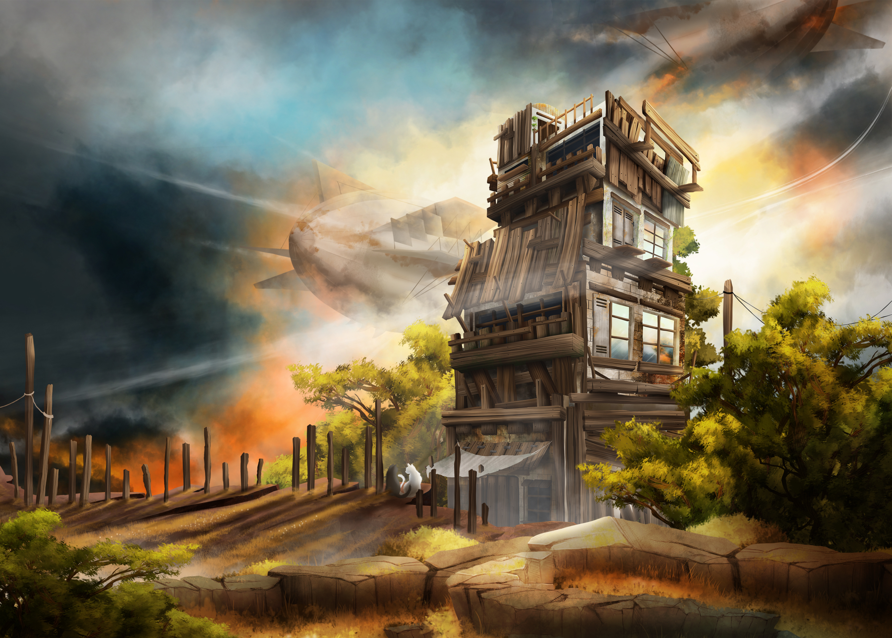 environment design, cabane et zepplin sur un coucher de soleil, paysage de campagne
